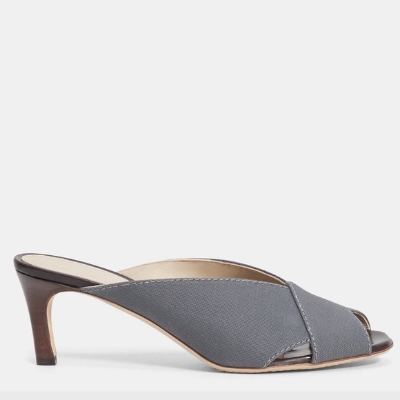Theory V Mule Grey Cotton Canvas Leather Square Peep Toe Heeled Pump EUC Size 39 - Picture 1 of 12
